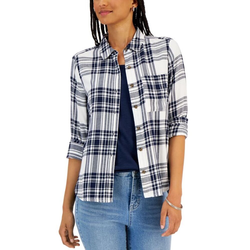Style & Co Womens Cotton Plaid Button Front Shirt